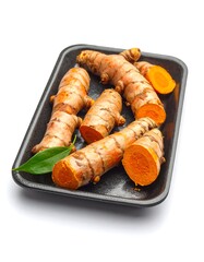 Turmeric roots, some cut, in a black tray with a green leaf, against a white background