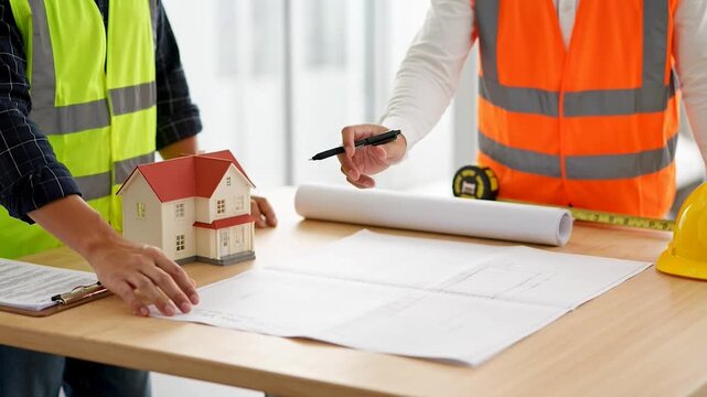 Two construction workers planning a house building project with blueprints and model
