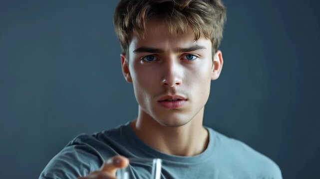 Young man firmly rejecting vodka with determination against a neutral grey backdrop showcasing personal choices in drinking
