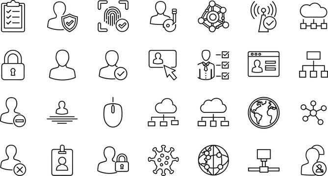 Cyber security and user management line icon set featuring data privacy network connection cloud computing biometric identity and global system protection