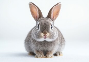 Obraz premium front-facing fluffy gray rabbit with upright ears and curious gentle expression on white background