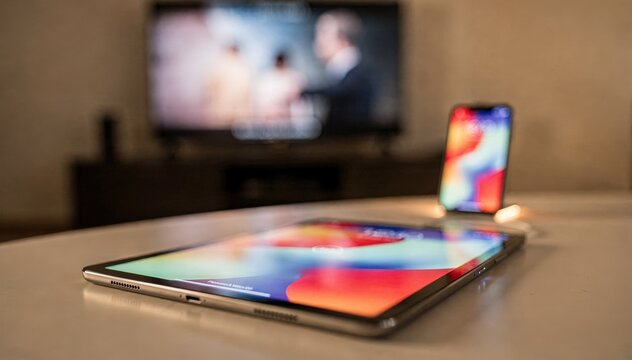 Closeup on a tablet casting a movie to a TV with the TV screen and phone softly blurred to emphasize casting in a multidevice ecosystem.