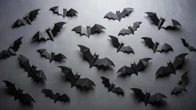 Scattered black paper bats on a dark gray background