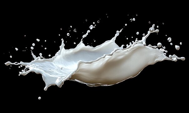 dynamic white milk splash frozen midair with scattered droplets against a black background, energetic fluid motion