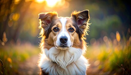 A fluffy, tricolor dog with brown eyes stares forward, bathed in golden light amidst a blurred, green and brown bokeh background