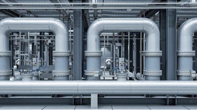 A large industrial pipe system with many valves and pipes. Close-up of carbon capture technology details, pipes, filters, and control systems, clean and orderly design, modern industrial aesthetic
