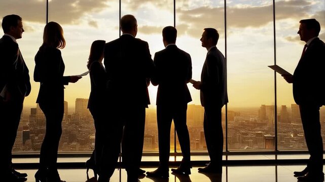 Team of successful business people engaged in a meeting during sunset while acknowledging a partnership in a modern office overlooking the city skyline