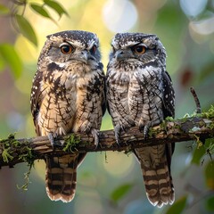 Two owls perched on mossy branch, gazing directly ahead with piercing orange eyes, bokeh foliage background