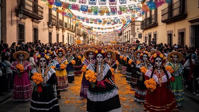 A vibrant Day of the Dead procession marches down a festive, garlanded street