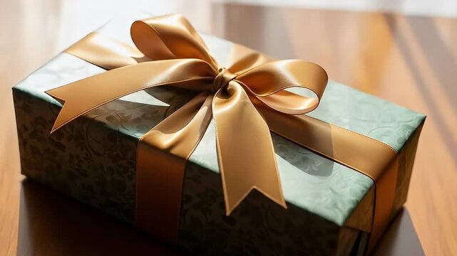 Gift box wrapped in floral patterned paper with satin gold ribbon and bow on table