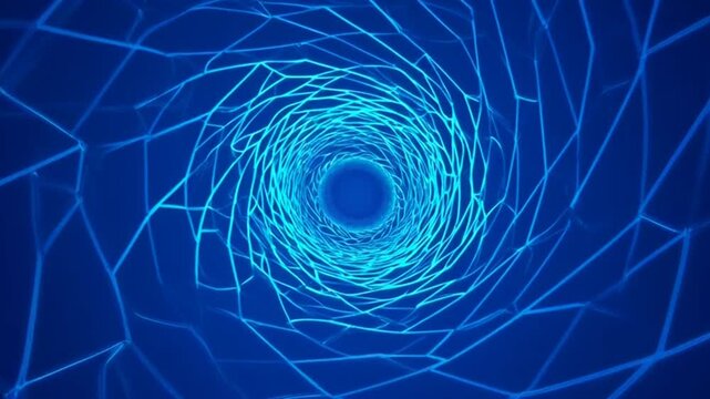 Abstract blue spiral tunnel with geometric lines and shapes.