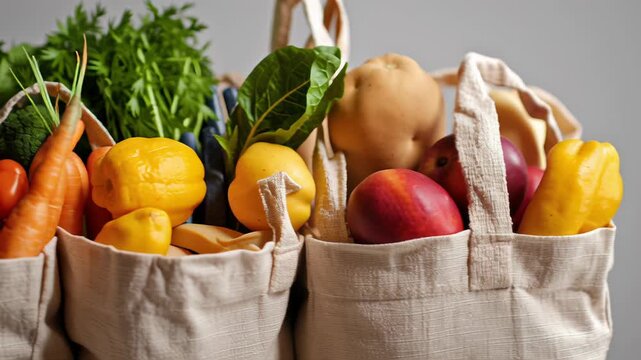 Three bags of vegetables broccoli, carrots, and tomatoes. Close-up of reusable shopping bags filled with fresh groceries, eco-conscious consumer behavior, neutral background