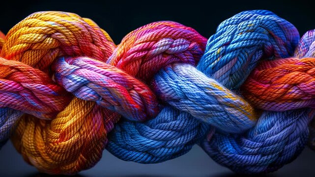 Intricate Textured Knotted Rope Detail - Close Up of Twisted Cord with Vibrant Color Gradient and Depth of Field.