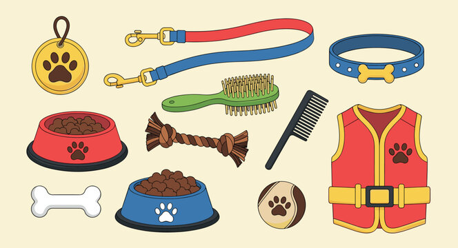 Dog accessories collection set with collar leash bowl toy brush vest vector illustration