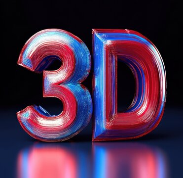 glossy red and blue three-dimensional letters 3d with painterly brushstroke texture on a reflective dark surface, vibrant and dynamic