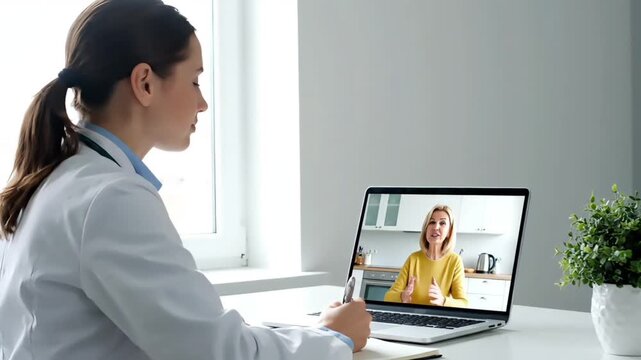 Female doctor in white coat video conferencing with patient on laptop in bright office with natural light.