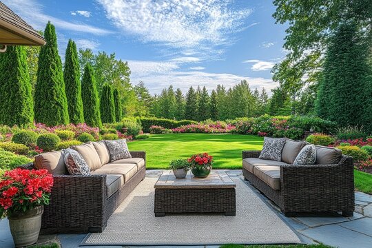 inviting outdoor patio with two wicker sofas facing each other, central coffee table, potted red flowers, neutral rug, manicured lawn, flowering garden beds and blue sky, peaceful and relaxing