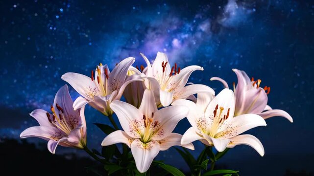 Delicate white lilies bloom against a vibrant starry night sky.