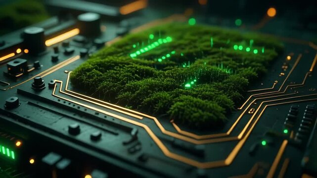 Green Moss Growing On Dark Circuit Board With Neon Lights