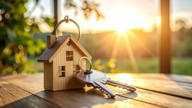 Wooden house keychain and keys resting on a wooden table with golden sunset light in the background
