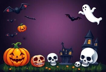 Fototapeta premium Spooky Halloween icons set, featuring pumpkins, bats, ghosts, spiders, skulls, and haunted houses, vintage, cute