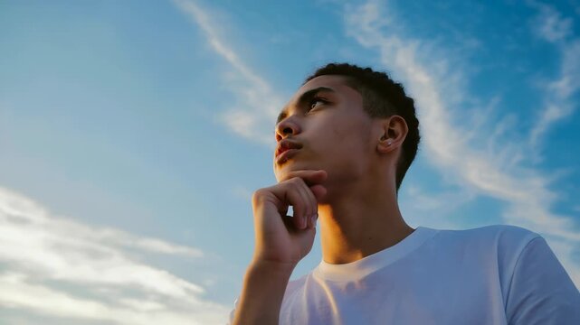Pensive Young Man Gazing Upward, Thinking, Contemplative Pose, Portrait with Blue Sky Background, Daydreaming, Hopeful Expression.