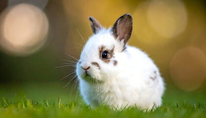 Obraz premium A fluffy white rabbit with brown spots sitting on green grass in front of a blurred, colorful background