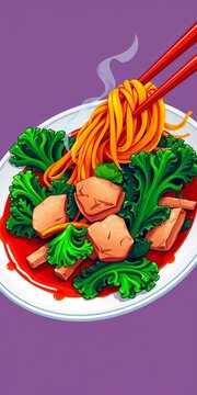 Vibrant illustration of Pad Kana Moo Krob, a popular Thai dish of stir-fried crispy pork and kale,  crispy pork,  delicious