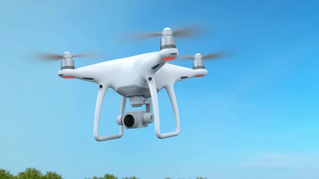 Flight drone, quadcopter in a blue sky background. White industrial drone flying. quadcopter drone hovers.