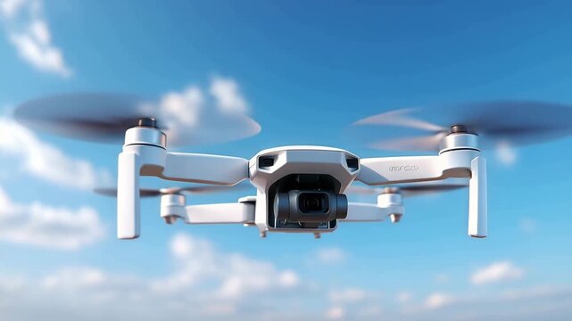 Flight drone, quadcopter in a blue sky background. White industrial drone flying. quadcopter drone hovers.