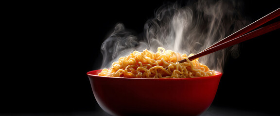 Steaming hot ramen noodle in red bowl with chopstick on black background, asian cuisine dinner scene captured indoors to highlight authentic japanese comfort food and rising steam aroma