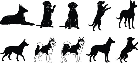 Dog Silhouette Collection Featuring German Shepherd and Husky Breeds in Various Poses Black Vector Illustration Set Isolated Design © MdSoidur