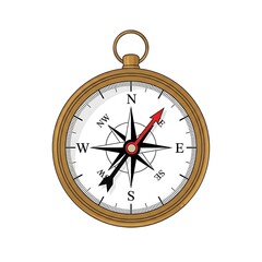 Illustration of a classic brass compass with red needle and white face