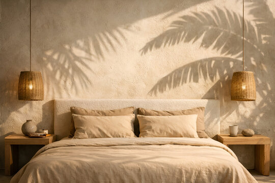 A minimal boho bedroom featuring warm natural textures, linen bedding, and dreamy palm shadows on a textured wall. A calm, earthy atmosphere perfect for interior inspiration, wellness content.