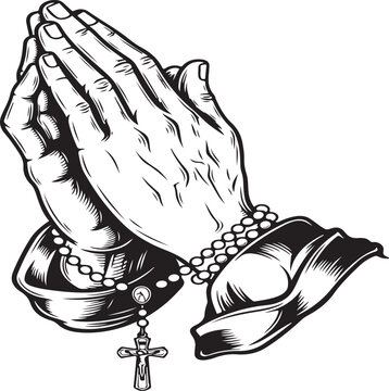 Black and white illustration of praying hands with rosary beads