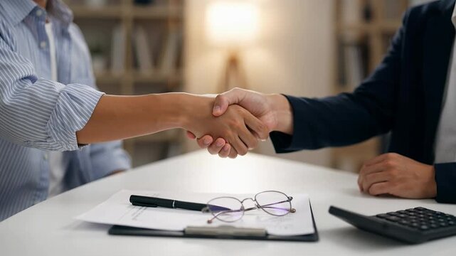Two business people shaking hands over a desk with paperwork and calculator