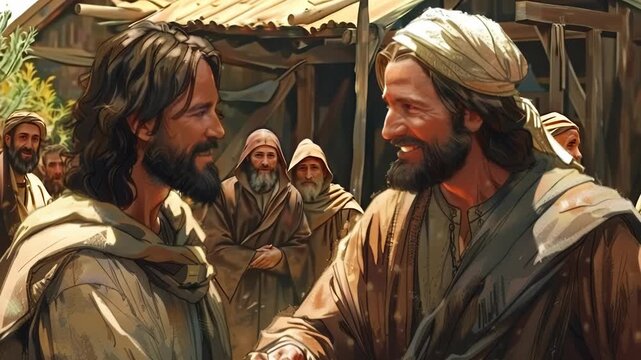 Biblical Scene: Two Men in Simple Robes Engage in Dialogue, Historical Middle Eastern Setting, Illustration.