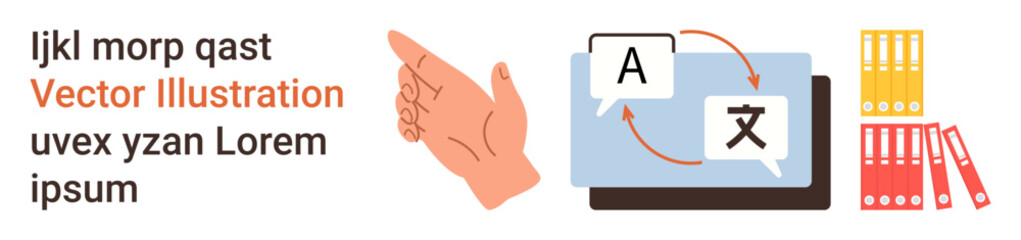 Obraz premium Language learning, communication tools, multilingual support, digital technology, file management, education systems. Hand pointing to translation on a screen and file organization. Language learning