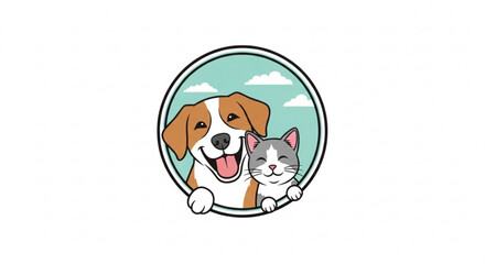 Happy cartoon dog and cat together in circular frame with sky background symbolizing friendship and companionship between pets