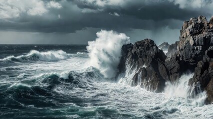 Naklejka premium Dramatic ocean waves crashing against rocky cliffs under stormy skies.