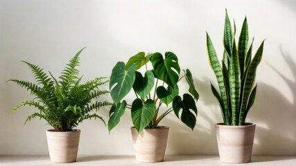 Fototapeta premium Trio of houseplants in natural light: fern, monstera, and snake plant in clay pots.