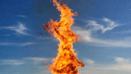 Towering spiral flame against clear blue sky.