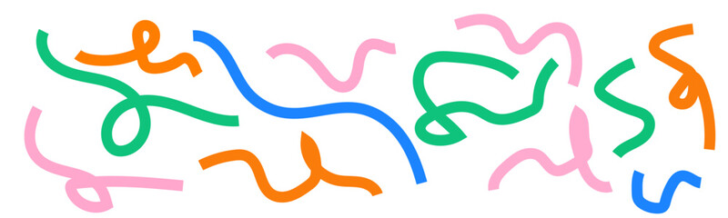 Obraz premium Collection colorful bold curved lines with loops isolated on white. Hand drawn bold grunge wavy and swirled brush strokes. Simple childish vector scribbles and squiggles. Creative trendy style design.