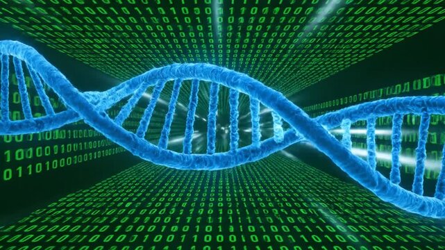 Blue DNA double helix structure with binary code background