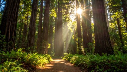 Fototapeta premium A forest path basks in sunlight streaming through towering trees, lined by ferns. Nature's beauty beckons onward