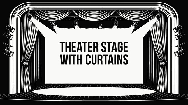 theater stage with curtains spotlight and performance space representing black and white vector scene featuring drama acting and performing arts environment