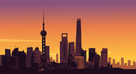 Obraz premium Vector Illustration of Vibrant Cityscape at Sunset with Skyline and Distinctive Tower