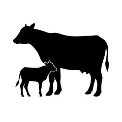 Cow and Calf Silhouette Vector - Mother and Baby Farm Animal Dairy Cattle Illustration