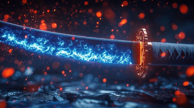 Close-up of a katana with a glowing blue energy blade, ornate guard and wrapped handle set above a wet textured stone surface with flying orange embers, evoking fierce intensity