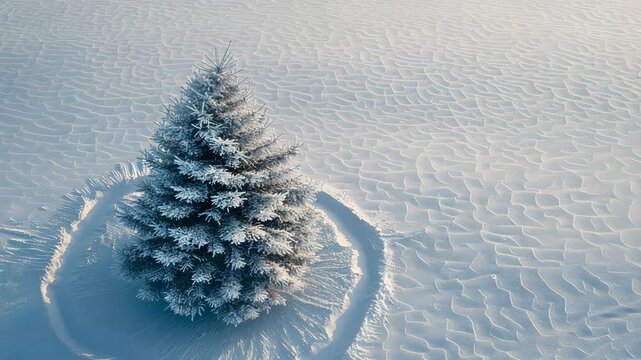 Snow-covered conifer tree on a winter landscape with fresh ski tracks, showcasing a peaceful and pristine wilderness scene.